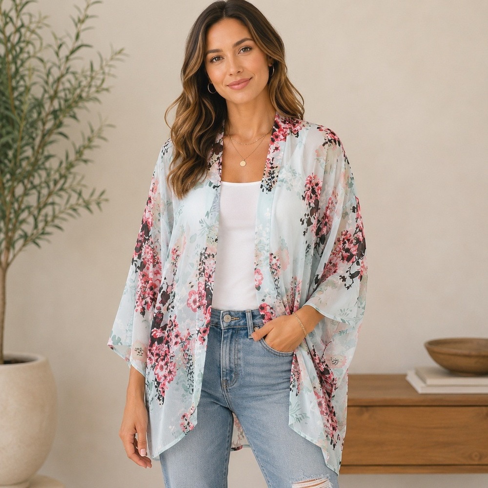 Floral Sheer Kimono Cover Up One Size Mint Blue Pink Boho Beach Resort Festival - Picture 1 of 9